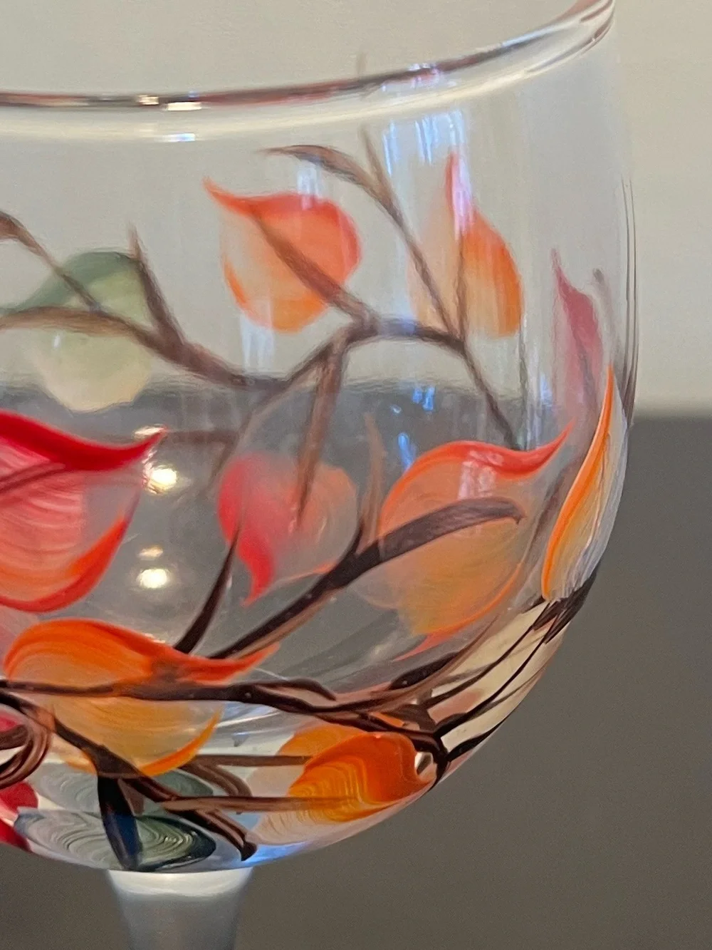 Vintage Hand Painted Autumn Leaves Wine Glasses Goblets Botanical Set of 4